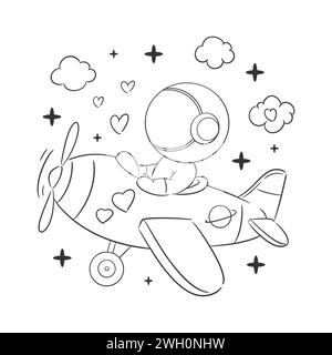 Astronaut is driving an airplane in the sky for coloring Stock Vector