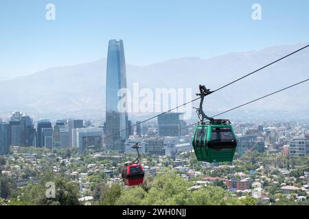 Urban landscape from Santiago's Metropolitan Park during summer, featuring the iconic Costanera Tower and cable car in the distance. Stock Photo