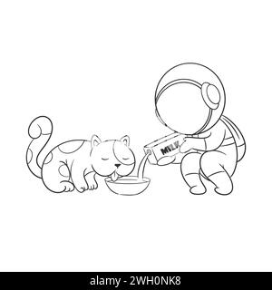 Astronaut giving milk to cat for coloring Stock Vector