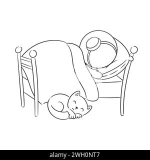 Astronaut is sleeping in bed with cat for coloring Stock Vector