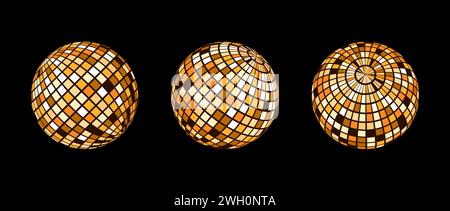 Orange disco ball set. Collection of wireframe spheres in different angles. Grid globe or checkered ball bundle. Gold mirrorball element pack for poster, banner, music cover, party. Vector Stock Vector