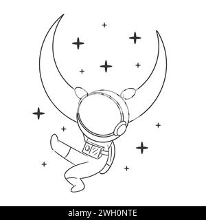 The astronaut is hanging from the moon with his hands for coloring Stock Vector