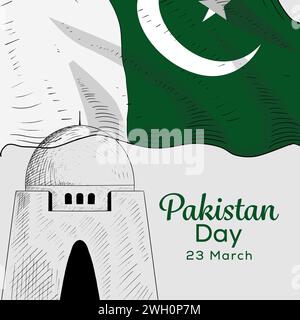hand drawn Pakistan Day illustration with Pakistan flag Stock Vector