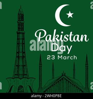 hand drawn pakistan day illustration on green background Stock Vector