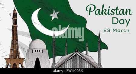 hand drawn vector Pakistan Day horizontal banner illustration design Stock Vector
