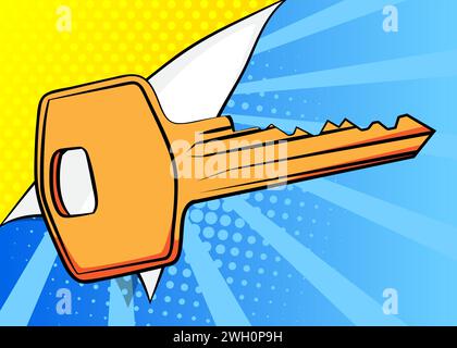 Cartoon Key, comic book home accessory. Retro vector comics pop art design. Stock Vector