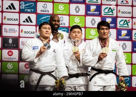 Paris, France. 04th Feb, 2024. L-R Min-jong Kim of South Korea, Teddy Riner of France, Kanta Nakano of Japan and Alisher Yusupov of Uzbekistan seen at the podium during the Men's  100kg 2024 Judo Grand Slam Paris. The Accor Arena, in Paris, hosted the Paris Grand Slam from the 2nd to the 4th of February, an event on the world circuit of the International Judo Federation (IFJ). On Sunday, the last day of the competition, athletes in the Men -90kg, -100kg,  100kg and Women -78kg,  78kg categories competed. Credit: SOPA Images Limited/Alamy Live News Stock Photo