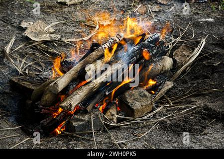 The flames from burning traditional firewood before being used to grill food Stock Photo