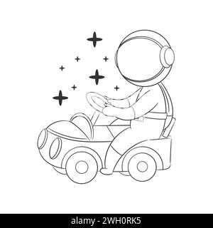 Astronaut driving a toy car for coloring Stock Vector