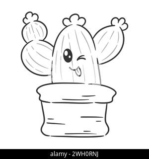 Cute cactus having happy facial expression for coloring Stock Vector