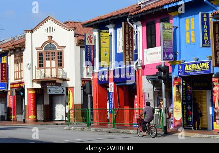 Colorful old buildings in Little India in Singapore. Stock Photo
