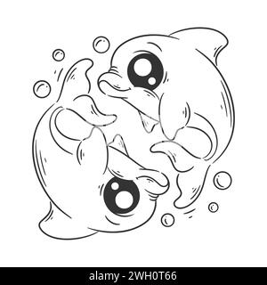 Two dolphins swimming cartoon vector for coloring Stock Vector