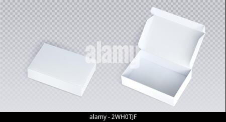White closed and open cardboard box mockup top angle view. Realistic vector illustration set of blank carton package for delivery or gift concept. Rectangular low paper pack with cover mock up. Stock Vector