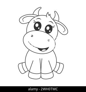 Cute cow sitting alone cartoon style for coloring Stock Vector