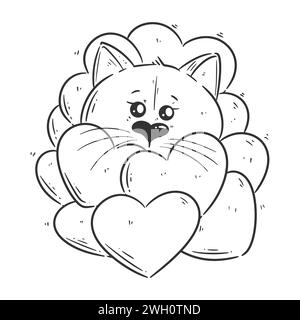 Cute cat hiding in a pile of hearts for coloring Stock Vector