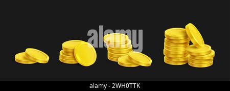 3D piles of golden coins isolated on black background. Vector realistic illustration of casino stack money, interest rate icon, bank deposit, income tax, savings in cash, cryptocurrency tokens Stock Vector