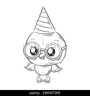 Cute bird wearing glasses and birthday hat for coloring Stock Vector