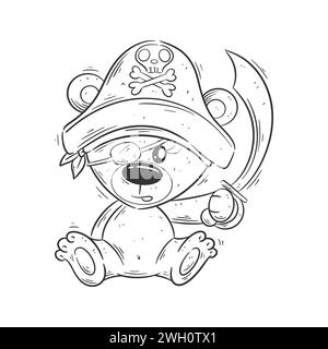 Cute bear sitting wearing a pirate hat for coloring Stock Vector