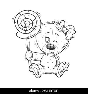 Cute bear sitting carrying a lollipop for coloring Stock Vector