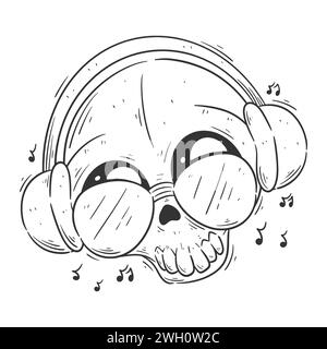 Cute skull wearing a music headset for coloring Stock Vector