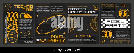 Retro futuristic vibe party banners set. Vector realistic illustration of retrowave aesthetic posters with orange pixel emoji and wireframe design elements on black background, y2k aesthetic flyers Stock Vector