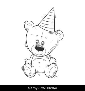 Cute bear wearing a birthday hat for coloring Stock Vector