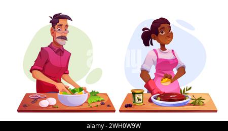 Food cooking process - cartoon vector illustration set of man and woman preparing delicious healthy meals. People demonstrate making salad and meat. Kitchen video blog course or restaurant work. Stock Vector