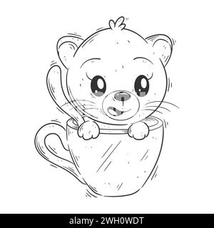 Cute lioness sitting in cup for coloring Stock Vector