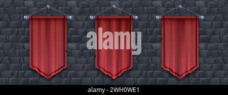 Medieval red cloth banners set isolated on stone background. Vector realistic illustration of silk flags with torn edges hanging on old castle wall, blank frame space for royal sign, vertical pennant Stock Vector