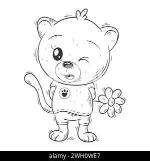 Cute lioness carrying flowers for coloring Stock Vector
