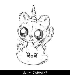 Cute unicorn cat sitting on a cloud for coloring Stock Vector