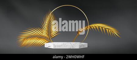 Hexagon marble stone product podium with golden circle frame and palm leaves on black background with smoke effect. Realistic 3d vector premium showcase template with empty display platform mockup. Stock Vector