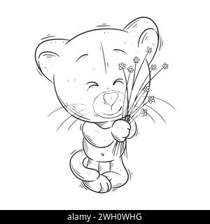 Cute lioness carrying flowers for cloring Stock Vector