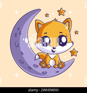 Cute fox is sitting on the moon alone Stock Vector