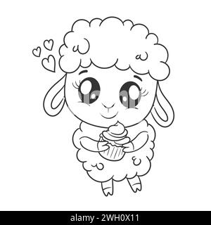 Cute sheep carrying cake in hand for coloring Stock Vector