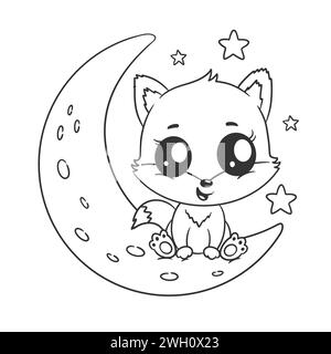 Cute fox is sitting on the moon alone for coloring Stock Vector