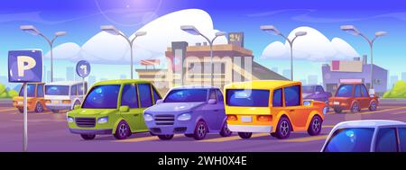 Cars parked in public parking lot at entrance to large supermarket. Cartoon vector illustration of city landscape with vehicles standing on road with signs and zone layout at storefront on sunny day. Stock Vector