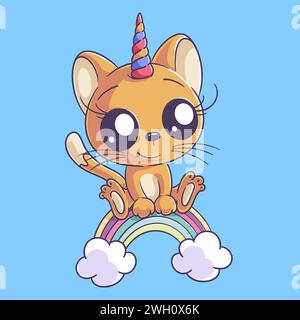 Cute unicorn cat sitting on the rainbow Stock Vector