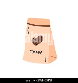 Coffee packaging doodle vector illustration. Pouch product with roasted coffee beans. Cute doodle cartoon design element. Simple hand drawn object. Stock Vector