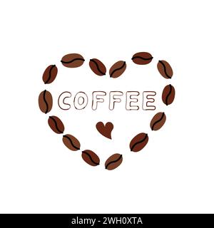 Coffee love doodle vector illustration. Heart shaped coffee beans. Cute hand drawn design composition. Stock Vector