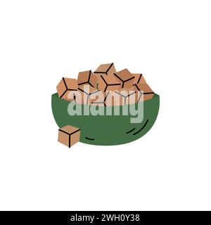 Cane sugar cubes in bowl doodle vector illustration. Simple hand drawn object. Pile of brown sugar. Stock Vector