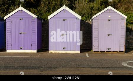 Three side by side beach huts in shades of purple. Seen on a Dorset promenade on a sunny cold December afternoon. Stock Photo