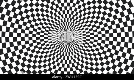 Psychedelic checkered circle background. Round background with checkerboard pattern. Chequer psychedelic mosaic. Chess optical texture. Vector Stock Vector
