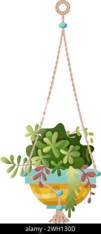 Houseplant and macrame plant growing in pots. Beautiful handmade home decorations macrame plants isolated on white background. Cartoon flat illustrati Stock Vector