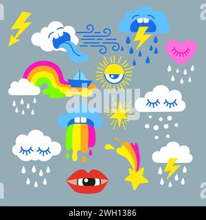 Vector hand drawn illustration. Set of weather elements in a flat cartoon style Stock Vector