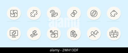 Puzzles line icon. Pastel color background. Engaging, interactive, challenge, teamwork, solution, completion, assemble, jigsaw, game, strategy. Vector Stock Vector