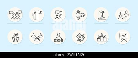 Communication line icon. Dialogue, active listening, nonverbal cues, understanding, connection, interaction. Pastel color background. Vector line icon Stock Vector