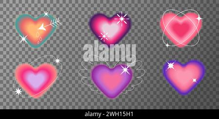 Set of aesthetic y2k heart aura elements. Brutalism effect orbit. stars, wings, wounded heart. Retro groovy symbols of the 80-90s. Social media or log Stock Vector