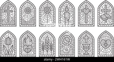 Glass church windows with mosaic. Religious catholic and christian frames with pattern. Medieval stained arches isolated on white background Stock Vector