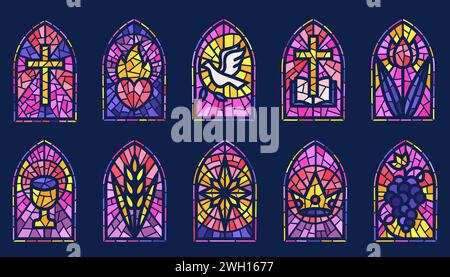 Church glass windows. Stained mosaic catholic frames with cross, book dove heart and religious symbols. Vector set of gothic Christian arches on dark Stock Vector